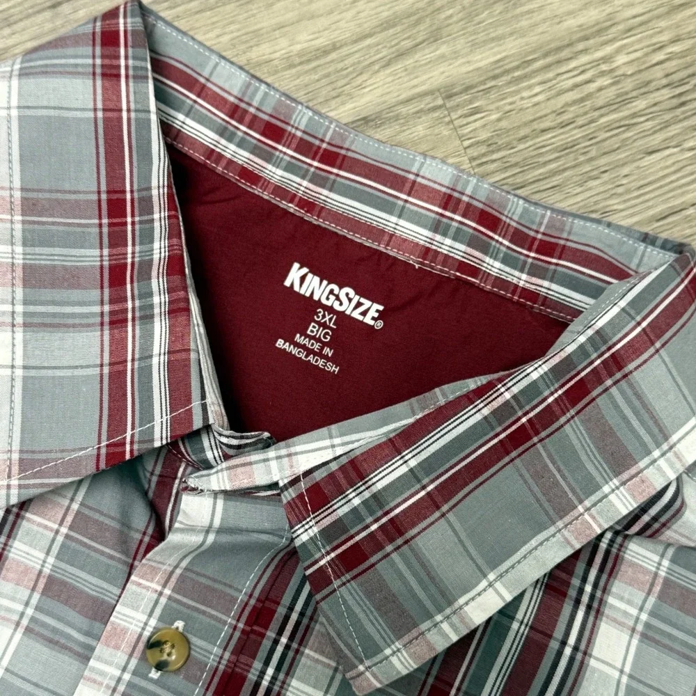 Lot of 2 KingSize Mens 3XL Big Plaid Short Sleeve Button Down Shirts Red Blue - Picture 4 of 10
